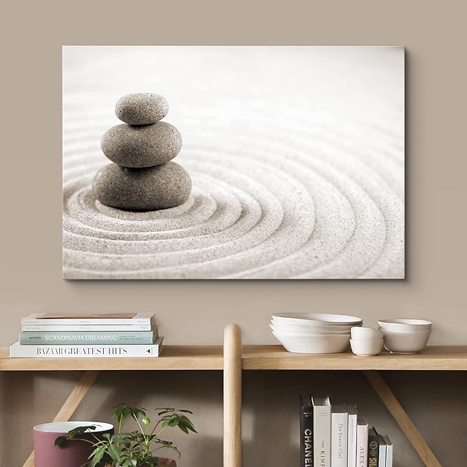 wall26 Canvas Print Wall Art Rock Stack On Gray Zen Sand Garden Floral Nature Photography Realism Bohemian Scenic Relax/Calm Cool for Living Room, Bedroom, Office - 12"x18"