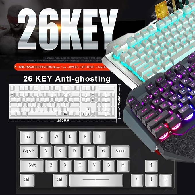 Wireless Keyboard and Mouse, Blue LED Backlit Rechargeable Keyboard with 3800mAh Battery, Metal Panel, Removable Hand Rest Mechanical Feel, 7 Color Gaming Mute Mouse for PC Gamers
