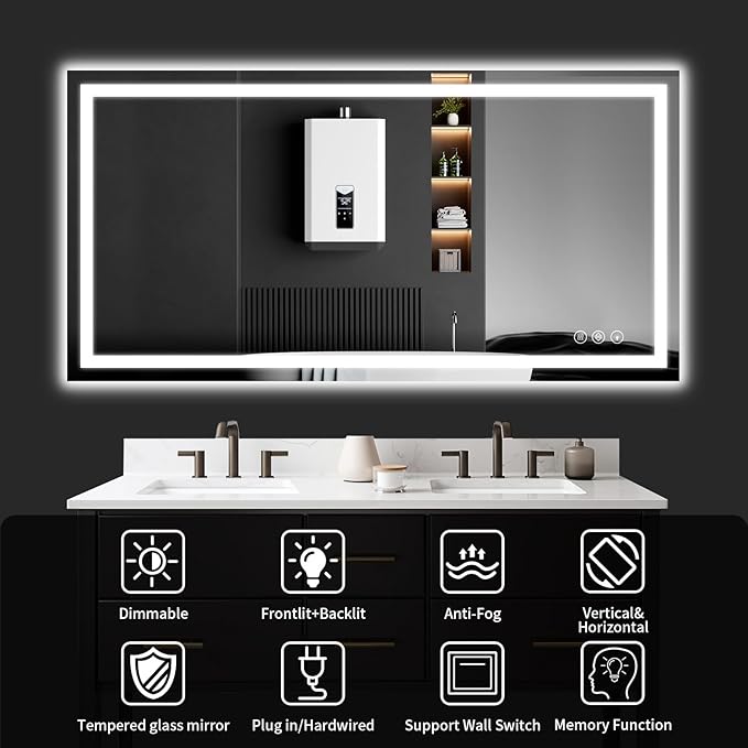 LED Bathroom Mirrors 40"x48" Bathroom Mirror with Lights for Wall, Backlit + Front Lit, 3 Colors, Anti-Fog, Dimmable Brightness for Vanity,Bathroom, Entryway, Living Room