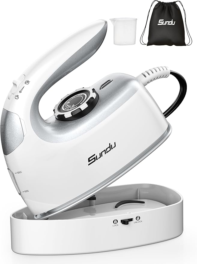 Sundu Mini Travel Iron with Steam,1000W Portable Non-Stick Soleplate Steam Samll Iron for Quilting & Sewing,300 Microsteam Holes,90ml water tank,lockable safety base,Digital Temperature Control-Silver