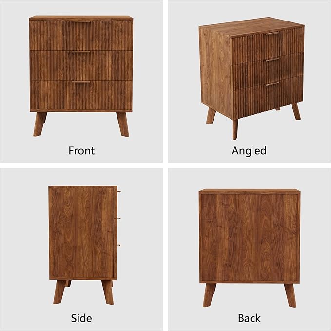 Fluted 3 Drawer Dressers, Modern Closet Dressers Chest of Drawers, Wood Storage Dresser Chest of Drawers Organizer for Bedroom Living Room Hallway Closet(Walnut)
