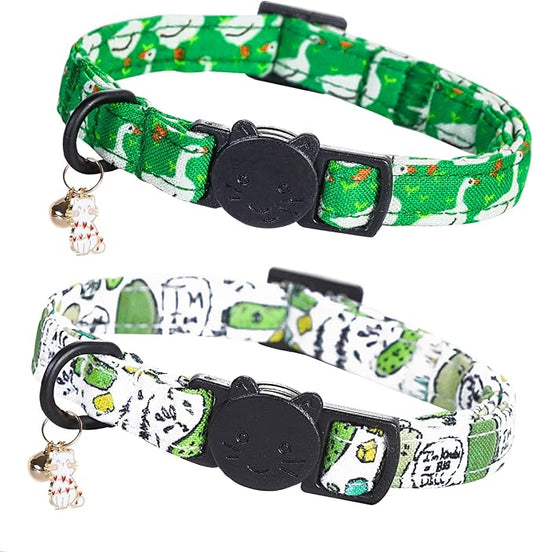 Cat Collar-2 Pack Cat Collars Goose & Dill Cat Collar Breakaway with Kitten and Bell Pendant Safety Buckle Pet Collar Cute Cotton Collar for Boy Cats Gift for Cats and Small Pets