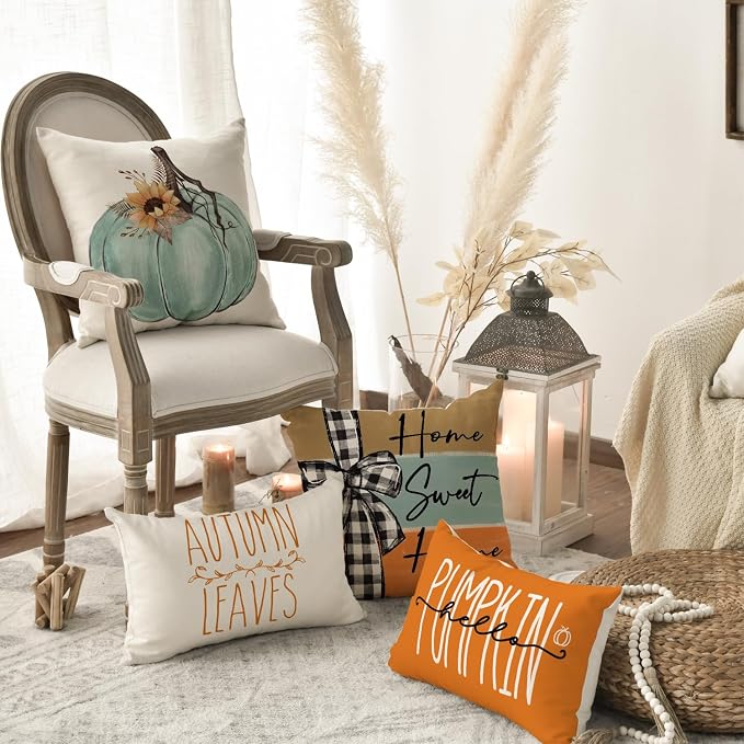 AVOIN colorlife Fall Pumpkin Home Sweet Home Throw Pillow Covers, 20 x 20 Inch Autumn Thankful Grateful Blessed Harvest Floral Decorations for Sofa Couch Set of 4, Blue