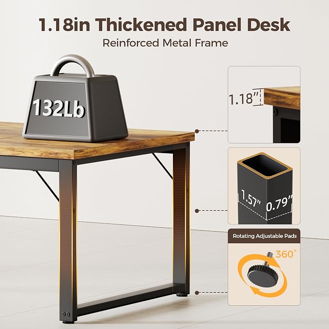 Mericonia 63x28 Inch Computer Desk w/Power Outlets, 1.2" Thick Office Table | Modern Simple Style, Heavy Duty Industrial Frame, Large Study & Writing Table for Home Bedroom Work, Brown