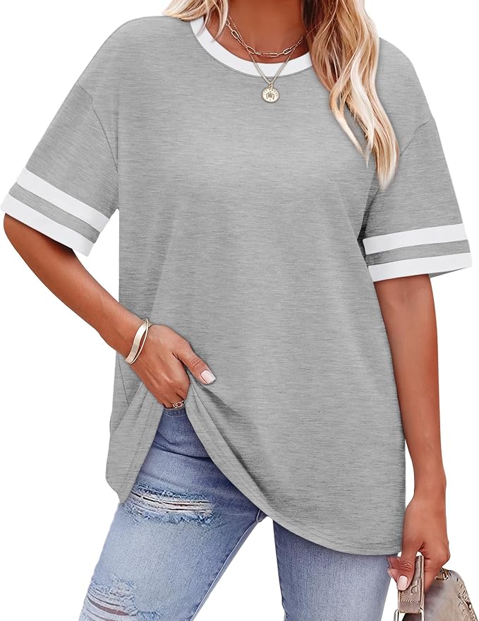 WIHOLL Womens T Shirts Loose Fit Short Sleeve Tees Crew Neck Color Block Summer Tops 2026 Fashion