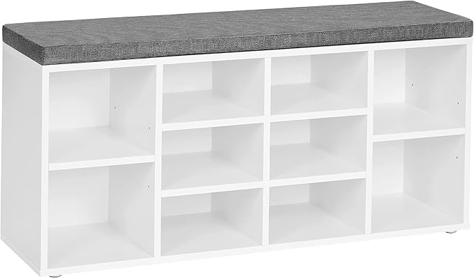 VASAGLE CUSTOS Collection - Shoe Bench, Storage Bench with Padded Seat, Entryway Bench with 10 Compartments, for Bedroom, 11.8 x 40.9 x 18.9 Inches, Cloud White and Dove Gray ULHS010W01