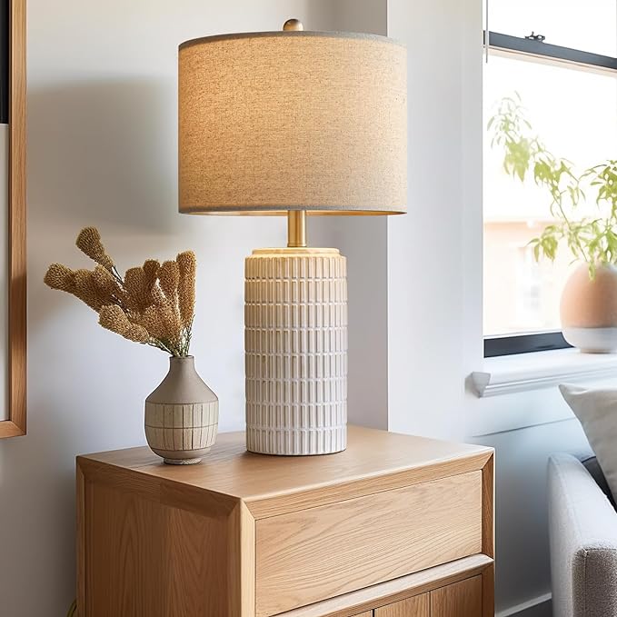 PoKat 23" Modern Ceramic Table Lamp Set of 2 for Living Room White Desk Lamps for Bedroom Farmhouse Bedside Nightstand Lamp House Warming Gifts New Home Decor End Table Lamps Gifts for Women Mom Beige