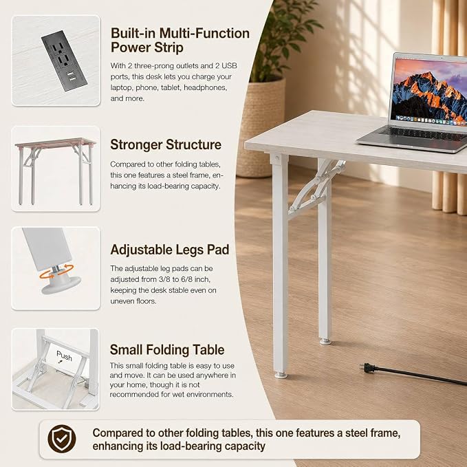Folding Table Computer Desk - 35.8" No Assembly Folding Desk with Power Outlets & USB Charging Port, Small Desk, Foldable Office Desk, Compact Storage Portable Use for Small Space, White Ash