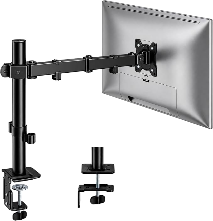 monTEK Extra-Long Monitor Arm for 17-32" Screens, 22 lbs | Articulating desk mount, extended reach, height adjustment, tilt, swivel, clamp/grommet bases and VESA 75/100