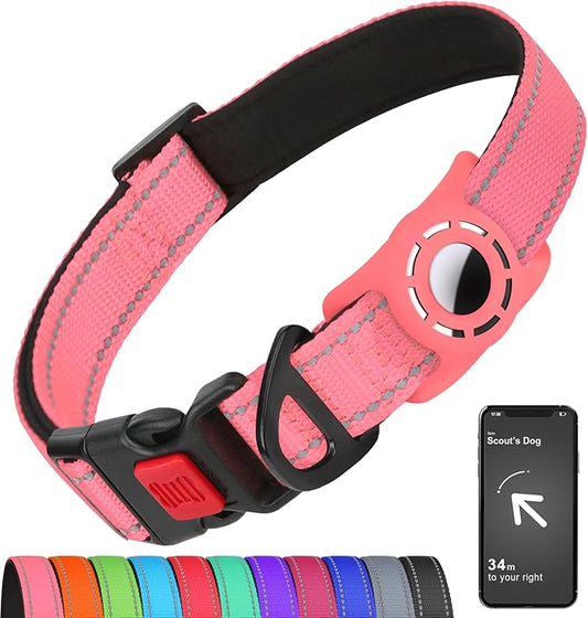 Airtag Dog Collar with AirTag Holder for Large Dogs, Reflective, Soft Padded & Safety Locking Buckle, Nylon Pet Collars Adjustable for All Breeds, Pink,L
