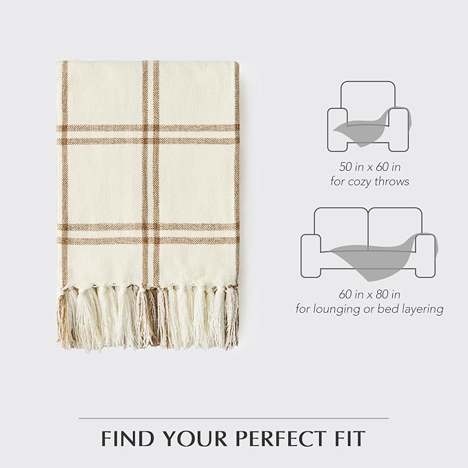 Plaid Chenille Knit Throw Blanket, 60"x80", Cream & Beige | Soft Knitted Throw with Tassels, Cozy, Lightweight, Windowpane Grid Plaid, Decorative Farmhouse Throw for Couch Bed Sofa Gift