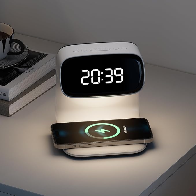 Digital Alarm Clock with Wireless Fast Charging Station 15W Touch Smart Lamp for Bedside,3 Colors Nightlight Adjustment Night Lamp for Living Room,Bedside,Heavy Sleepers (White+Cable&Adapter)