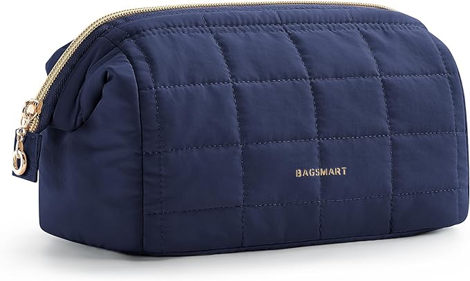 BAGSMART Makeup Bag Travel Toiletry Bag, Wide-open Zipper Pouch, Navy Blue | Puffy Padded, Travel Essentials, Make Up Bag, For Women, Makeup Organizer, Toiletries Accessories Brushes