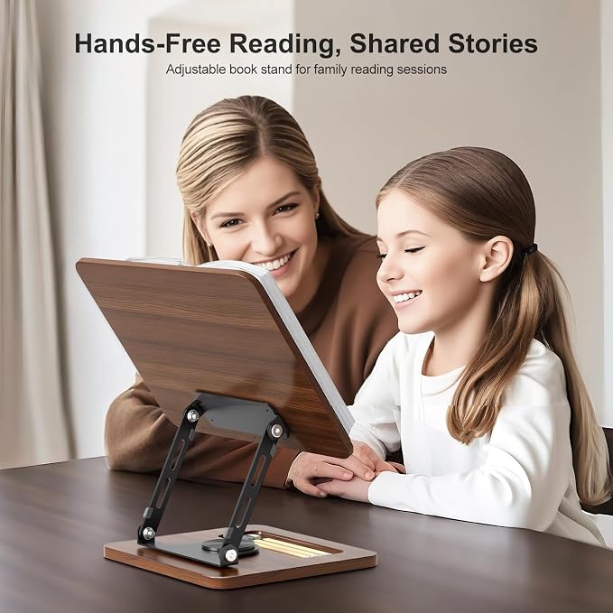 OPTIXCELL Book Stand for Reading, 360° Rotating Book Holder, Page Clips | Hands Free, Built-in Storage Tray, Adjustable Height Angle, Non-Slip, Foldable 13.3x9.4x1.9in, Fits Cookbook Tablet & Laptop