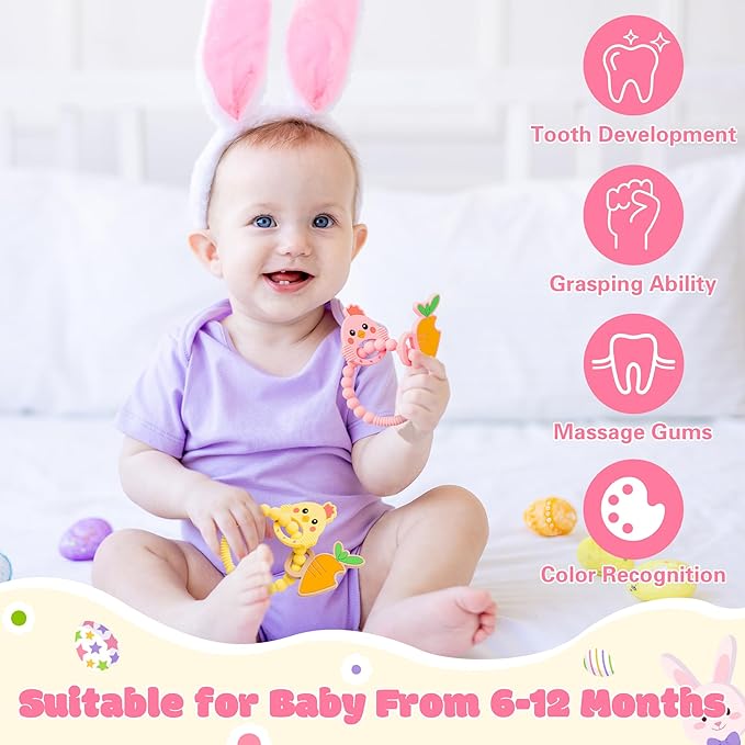 Silicone Teether Toys for Babies - 2ooya 2Pcs Easter Pink Yellow Carrot Chick Teething Ring Infant Soft Teethers, Toddler Teething Chew Toys for Newborn Boy and Girl Easter Baby Shower Birthday Gifts