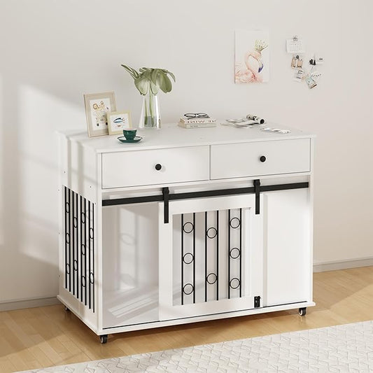 39.37'' Modern Wooden Dog Crate Furniture with Double Drawers and Sliding Barn Door, Decorative Pet Kennel End Table with Lockable Wheels, Stylish Dog Cage for Small to Medium Dogs – White