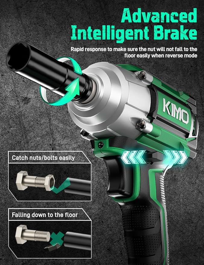 KIMO Impact Wrench 1/2 Cordless, 1200N.m (406ft-lbs), 4000RPM, 9-Piece Drill & Driver Set, 4Sockets Impact Drill for Car Tires, Safety Lock, 2x4000mAh Battery, Variable Modes Power Smart Impact Wrench