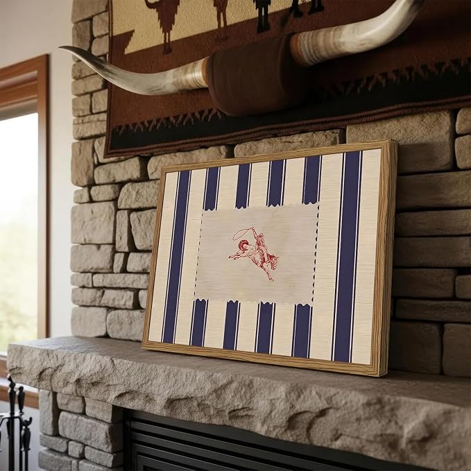 Vintage Western Wall Decor, Striped Rodeo Wall Art Mid Century Southwestern Cowboy Poster Canvas Prints Retro Horse Riding Artwork for Bedroom Living Room Farmhouse 12x16 inch Framed