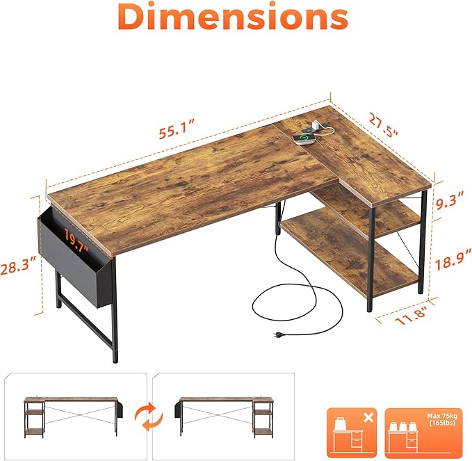 Mericonia 55 inch L Shaped Gaming Desk, Large Corner Desk with Shelves | Reversible Computer Desk with Power Outlets & Storage Bag, Office Table for Home Bedroom Study Work Writing