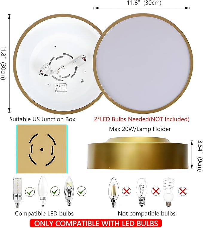 Modern Gold Flush Mount Ceiling Light, 2-Lights Round Ceiling Light, Minimalistic Ceiling Lamp Acrylic Shade Lighting Fixture for Bedroom Laundry Room Bathroom Hallway(11.8 Inch)