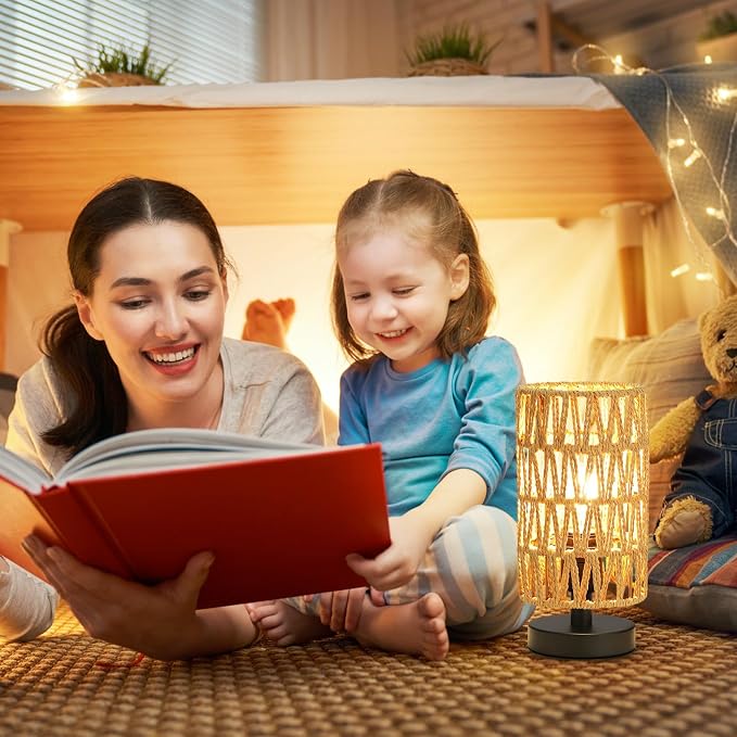 Fenmzee Table Lamps (Rattan Rope Shade - Black Base, 9" Inline Control) | 3000K LED Blub Included | 680 Lumens | Easy Assembly | Minimalist Design | E26 | for Kitchen | for Kids Room