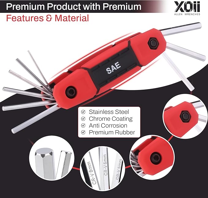 17PC Folding Allen Wrench Set | SAE & Hex Set | Durable Portable Tool for Automotive, Bike, Home & DIY Repairs | Complete Multi-Size Allen Key Set for Workshop (Red) (Red)