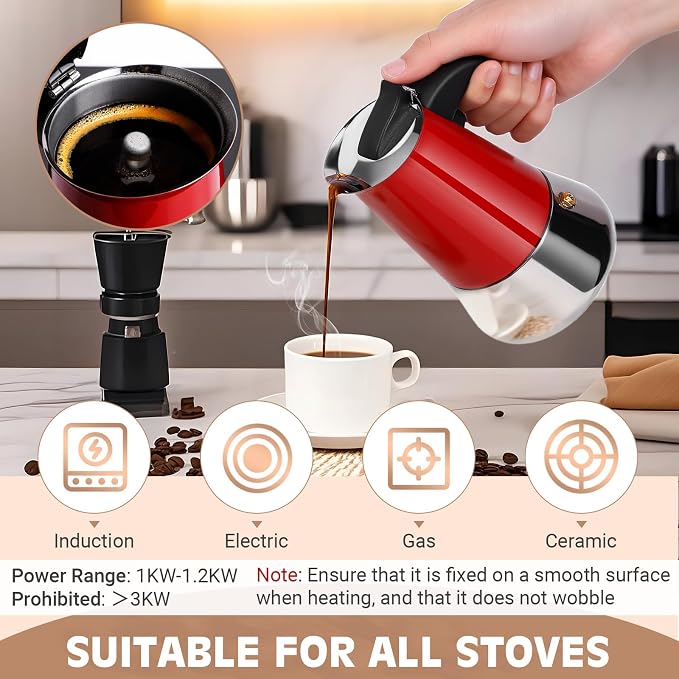 4 Cup Stainless Steel Moka Pot, 200ml Stovetop Espresso Maker, Red | 304 Stainless Steel Mocha Pot, Induction Compatible, Greca de Cafe, Cuban and Italian Coffee Maker