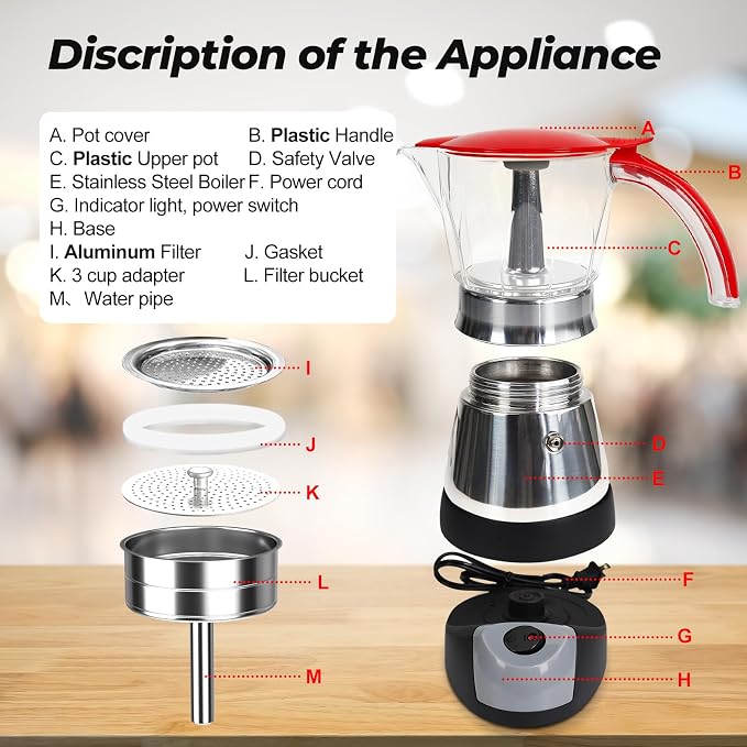 Electric Plastic Clear Moka Pot 3-6 Cup 150-300ml Mocha Pot | Stainless Steel Espresso Maker with Detachable Base Ideal Coffee Maker for Home Italian and Cuban Café Coffeemaker Red
