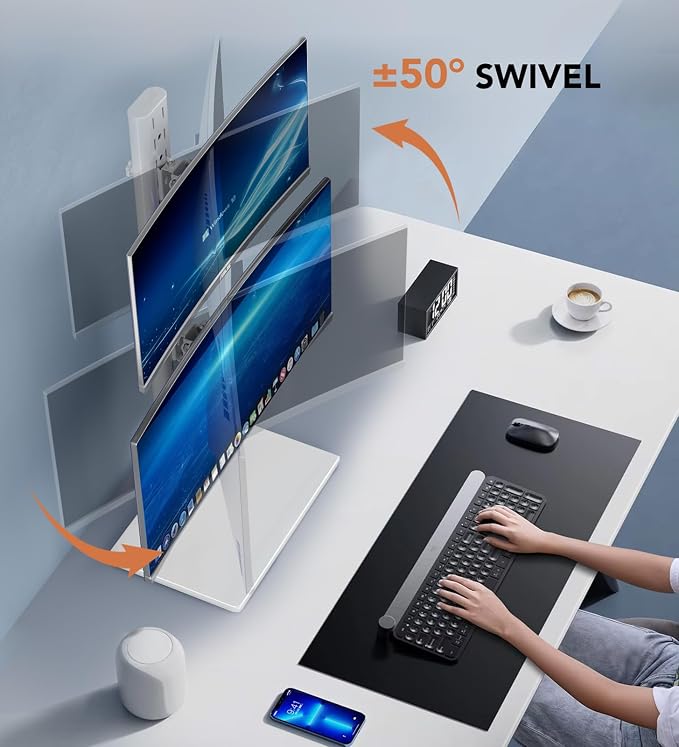 Dual Monitor Stand - Vertical Stack Screen Free-Standing Monitor Riser Fits Two 13 to 34 Inch Screen with Swivel, Tilt, Height Adjustable, Holds One (1) Screen up to 44Lbs HT05W-002 White