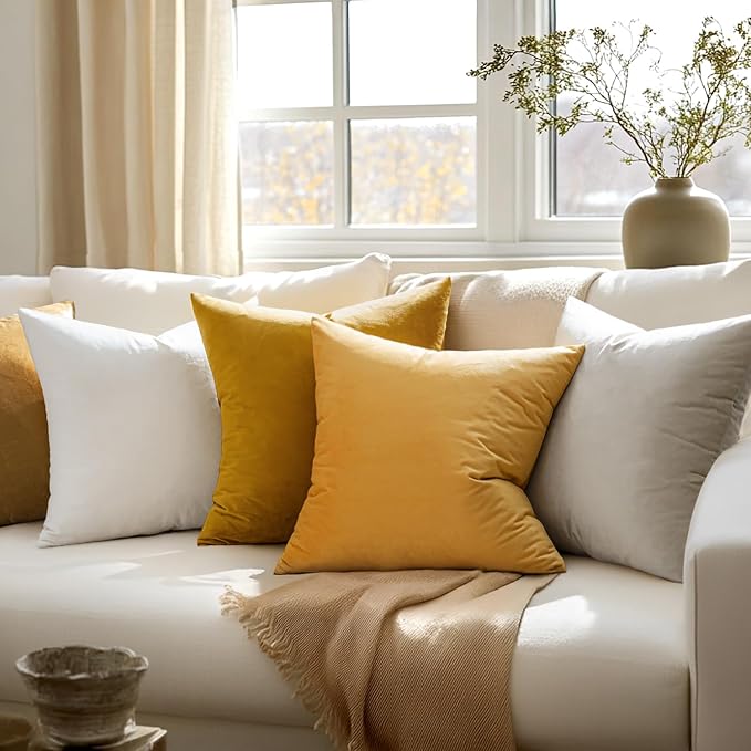 MIULEE Velvet Throw Pillow Covers 18x18 Inch Pack of 2 Mustard Yellow | Soft Solid Decorative Pillow Covers, Modern Luxury Home Decor, for Couch Chair Sofa Bedroom Livingroom
