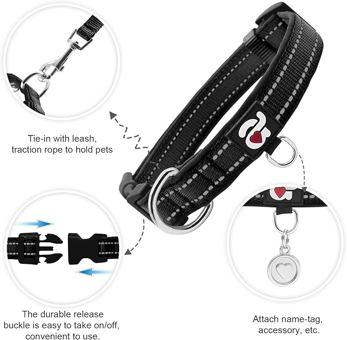 azuza Reflective Dog Collar,Soft Neoprene Padded Pet Collar with ID Tag Ring,Adjustable for Medium Dogs,Black,M