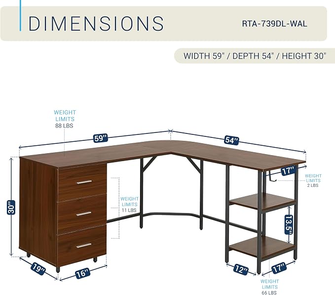 Techni Mobili L Shaped Desk - Two-Toned Computer Desk with Drawers & Storage Shelves - Simple Modern Furniture & Home Office Space Corner Table for Work & Writing | 59" two‑tone L‑shaped desk with storage shelves, durable frame, modern corner workstati...