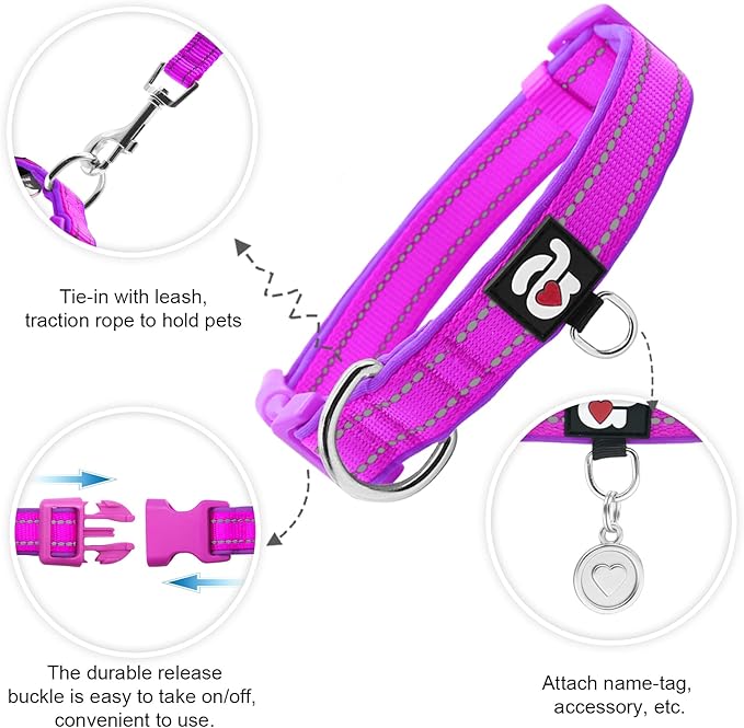 azuza Reflective Dog Collar with Airtag Holder, Soft Neoprene Padded Pet Collar with ID Tag Ring, Adjustable for Small Dogs,Purple,S
