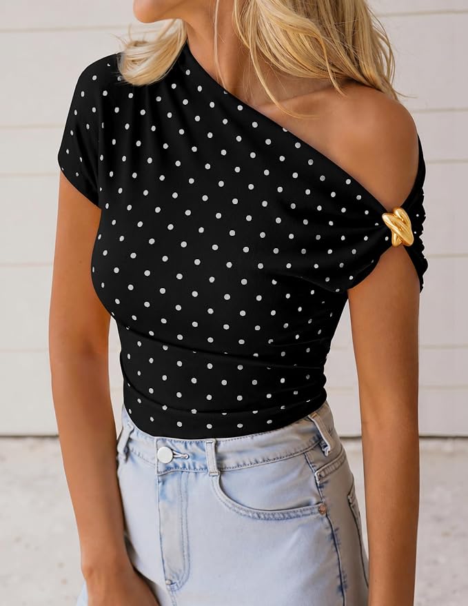 ZESICA Women's 2026 Summer Off Shoulder Tops Going Out Sexy Y2k Shirts Spring Cap Sleeve Ruched Asymmetrical Blouses