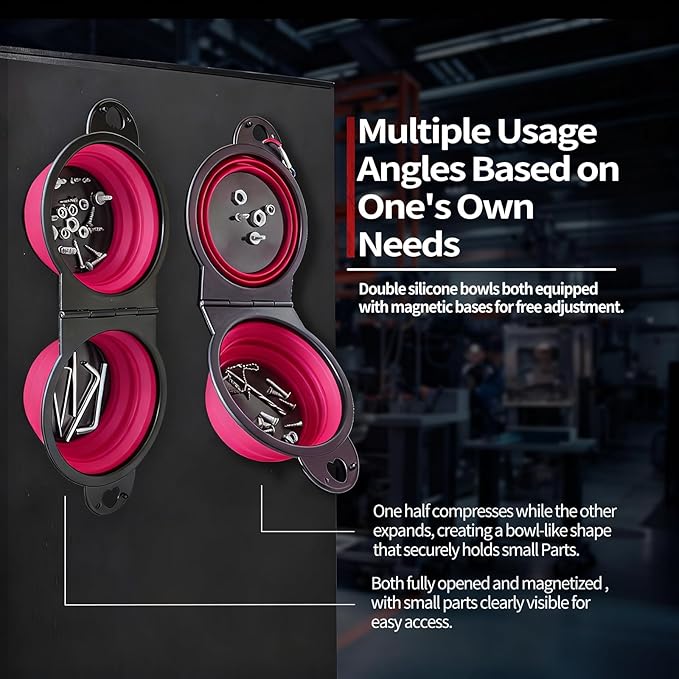 Collapsible Magnetic Parts Tray Set, New Upgraded Version Magnetic Trays, Integrated 5.1" Round Dual Silicone Bowls, Multi-Use Nuts And Bolts Organizer, Bonus Hook for On-the-Go Carry (magenta2.0)