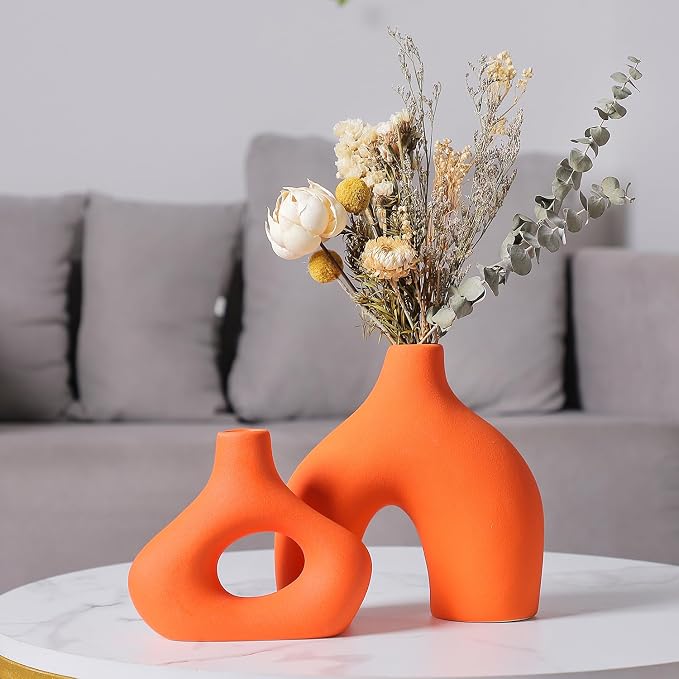 CEMABT Orange Ceramic Vase Set of 2 for Modern Minimalist Bohemian Decor，Round Matte Donut Vases for Pampas Grass-Perfect for Living Room, Dining Table, Office Bedroom Shelf Decor Entryway, Console