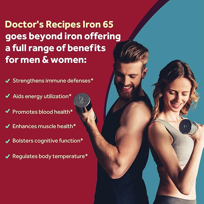 Doctor's Recipes Iron Supplement 65 mg with Vitamin C - Maximized Absorption & Stomach Friendly Iron Pills for Red Blood Cells Formation, Heart, Brain & Immunity Health - Vegan Non-GMO 30 Iron Tablets