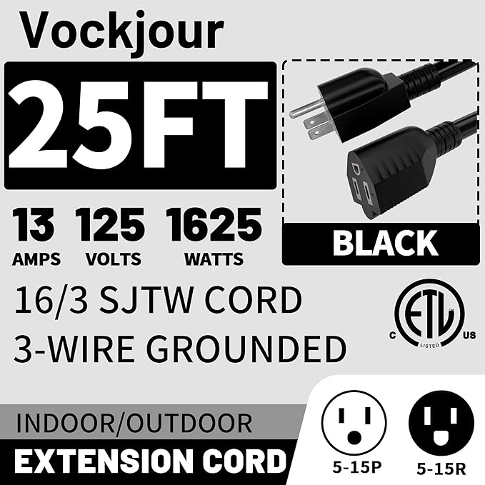 16/3 Black Indoor Outdoor Extension Cord 25 Ft Waterproof, Extension Cord with 3 Prong Grounded Plug,13A 1625W 16AWG SJTW, Flexible Weatherproof Power Cable for Offices, Gardens and Lawns