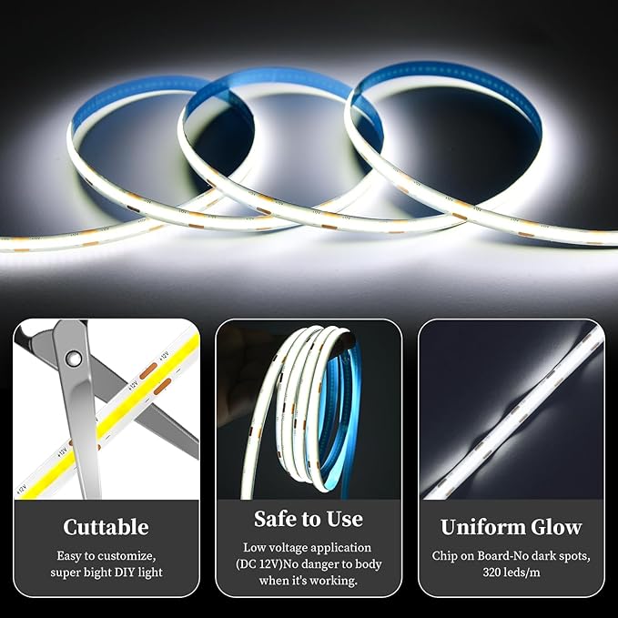 iNextStation 32.8ft/10M White COB LED Light Strip, DC24V CRI 93+ Strip Light, 6000K Color Temperature LED Lights, 8mm Width LED Tape Lights, Dimmable COB Strip Light for TV Backlight(with Plug)