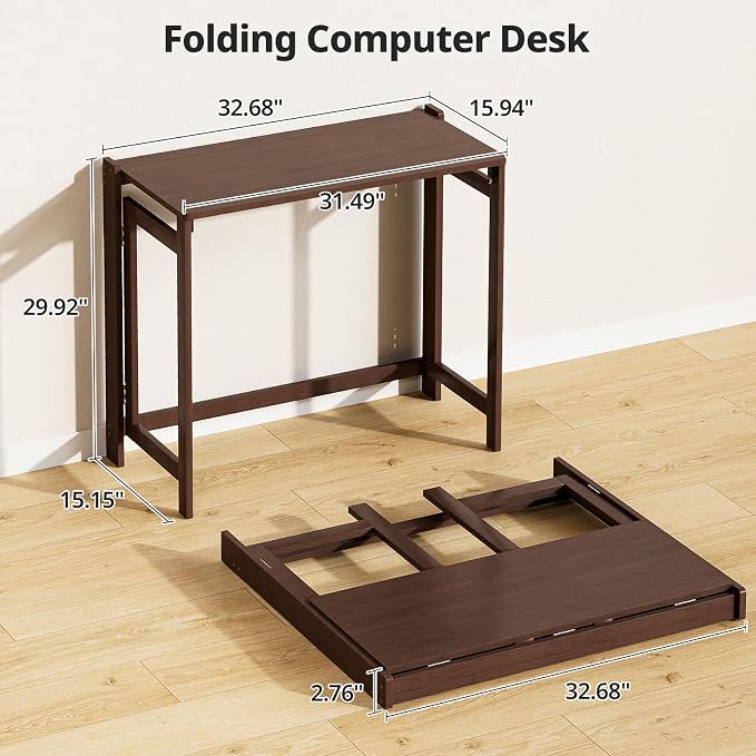Bamboo Folding Desk for Small Spaces, Small Compact Foldable Desk, Brown | Space Saving Foldable Desk, Writing Desk Computer Table for Bedroom Home Office, Easy Assembly