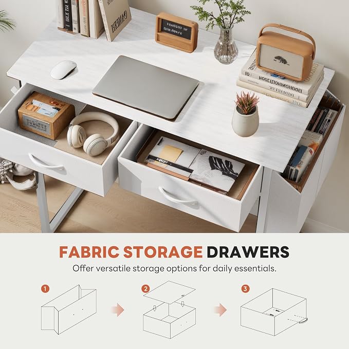 DUMOS 32" Home Office Computer Desk with Drawers, Small Gaming Writing Study Table with Storage Side Bag, Headphone Hook and Adjustable Feet for Bedroom White | Home Office Desk for Bedroom, Gaming Writing Study Desk with Adjustable Feet