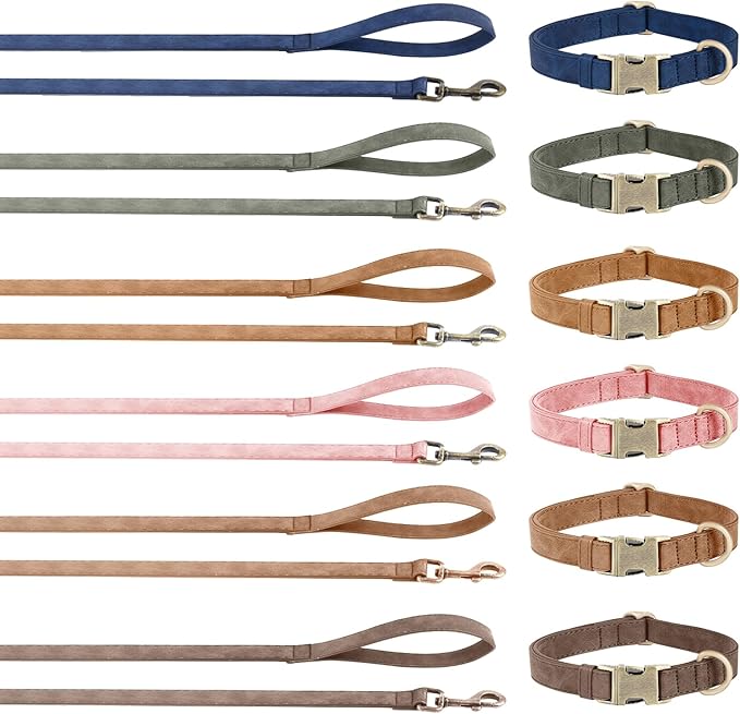 Genuine Leather Dog Collar - Adjustable Pet Collar with Quick Release Metal Buckle, Soft Skin Friendly Real Leather Collar for Small, Medium, Large Dogs (Dark Green Collar + Rope, S：Fit 8-16" Neck)