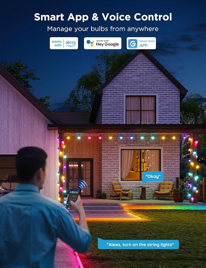 Govee Smart Outdoor String Lights 2, 48ft RGBIC Patio Lights with 15 Bulbs | Dimmable Warm White LED Bulbs, IP65 Waterproof, 47 Scene Modes for Backyard, Balcony, Work with Alexa, App Control