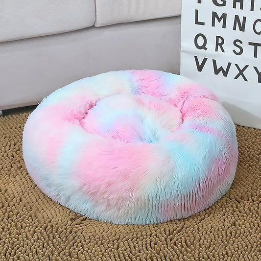 Calming Dog Bed for Small Dogs, Calming Donut Cuddler Pet Bed Anti Anxiety Round Dog Bed Fluffy Plush Faux Fur Cat Bed,Colorful Pink,35.5IN