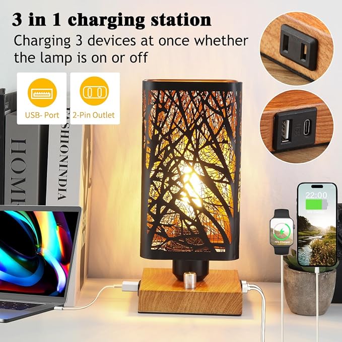 Industrial Table Lamp Sets of 2 with USB Ports and Outlet, Rustic Dimmable Bedside lamp with Charging Station, Metal Square Shadow Nightstand Lamp for Bedroom Living Room End Tables