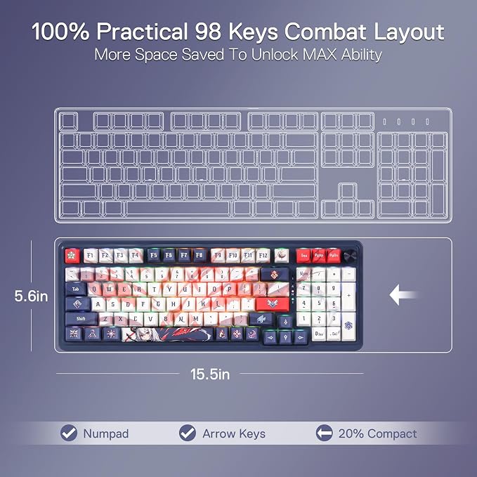 Redragon K686 PRO Wireless RGB Gasket Gaming Keyboard, Dye-Sub Anime Keycap | Multi-Function Control Wheel, 0-Delay Tri-Mode, Cushioned 5-Layer Noise Dampening for Creamy Thocky Sound, Practical 98 Keys
