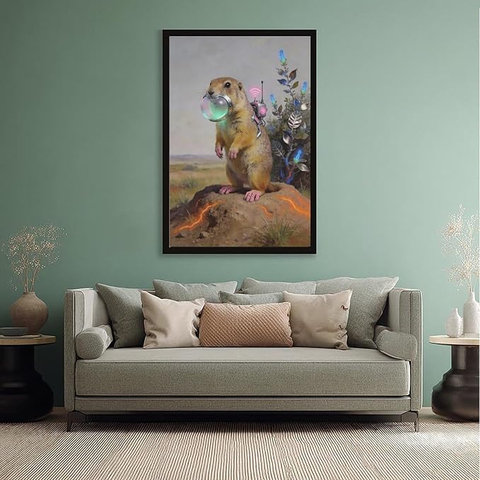 Framed Steampunk Mechanical Prairie Dog Wall Art - Retro-Futuristic Wilderness Poster for Living Room Game Room Decor 08x12in