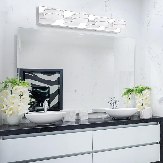 3 Color Temperature Dimmable Vanity Lights for Bathroom, LED Chrome 4 Light Vanity Lighting Fixtures, Acrylic Stainless Steel Oval Shade Bathroom Light Fixtures Over Mirror, ETL Certificated