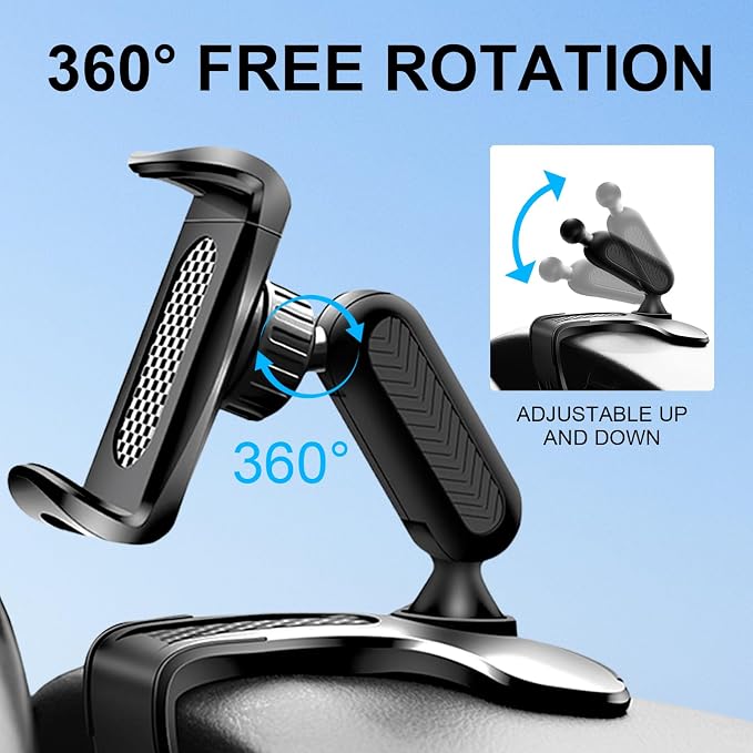 Car Phone Holder Mount, 360 Degree Rotation Car Dashboard Phone Holder, Universal Anti-Shake Dash Steering Wheel Cellphone Clamp Mount Stand for 4-7 Inch Smartphones (Black)