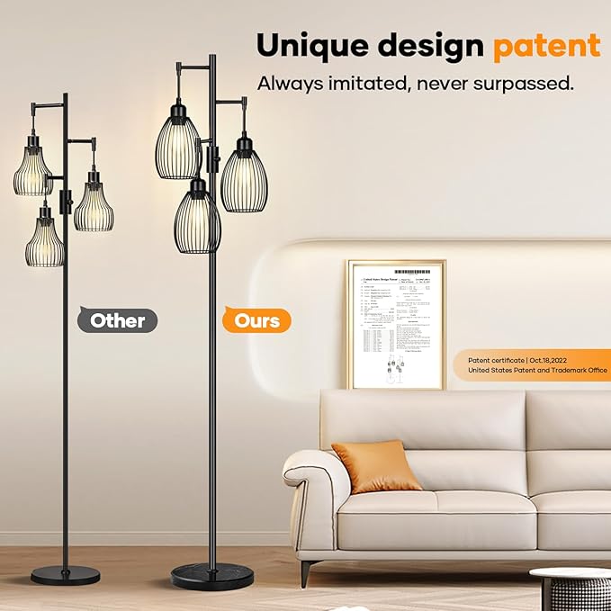 Dimmable Floor Lamp,3x800LM LED Bulbs Included, Farmhouse Industrial Floor Lamp Standing Tree Lamp with Teardrop Cage Head Tall Lamp for Living Room Bedroom Office Dining Room - Black & Marble Base